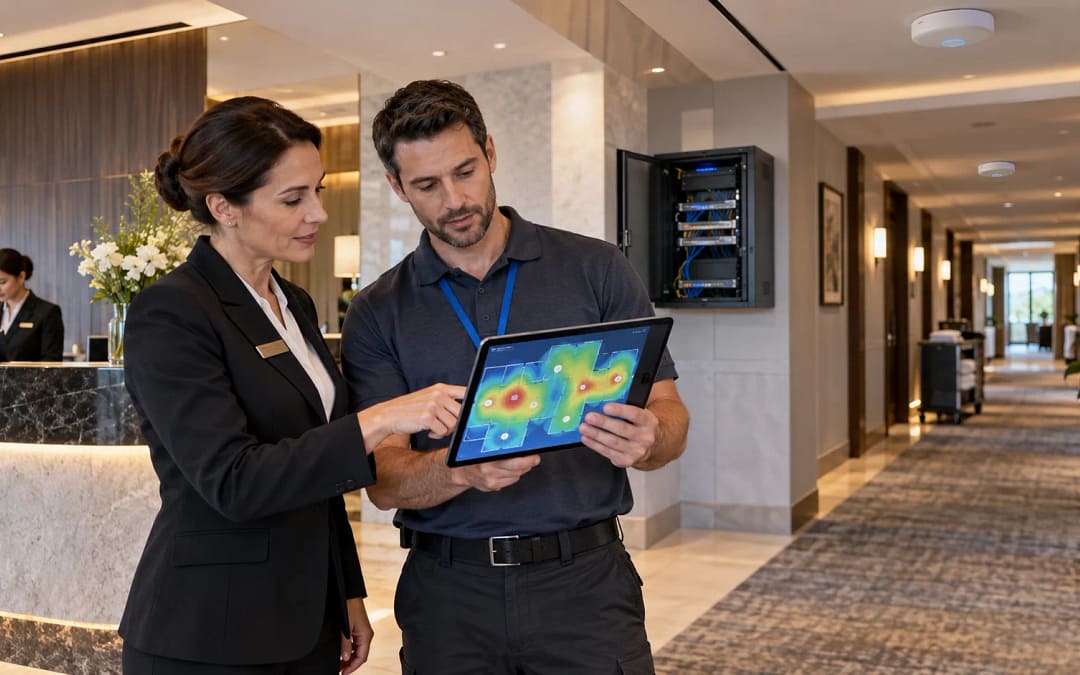 Hotel manager and IT technician reviewing hotel guest WiFi systems coverage in a lobby corridor