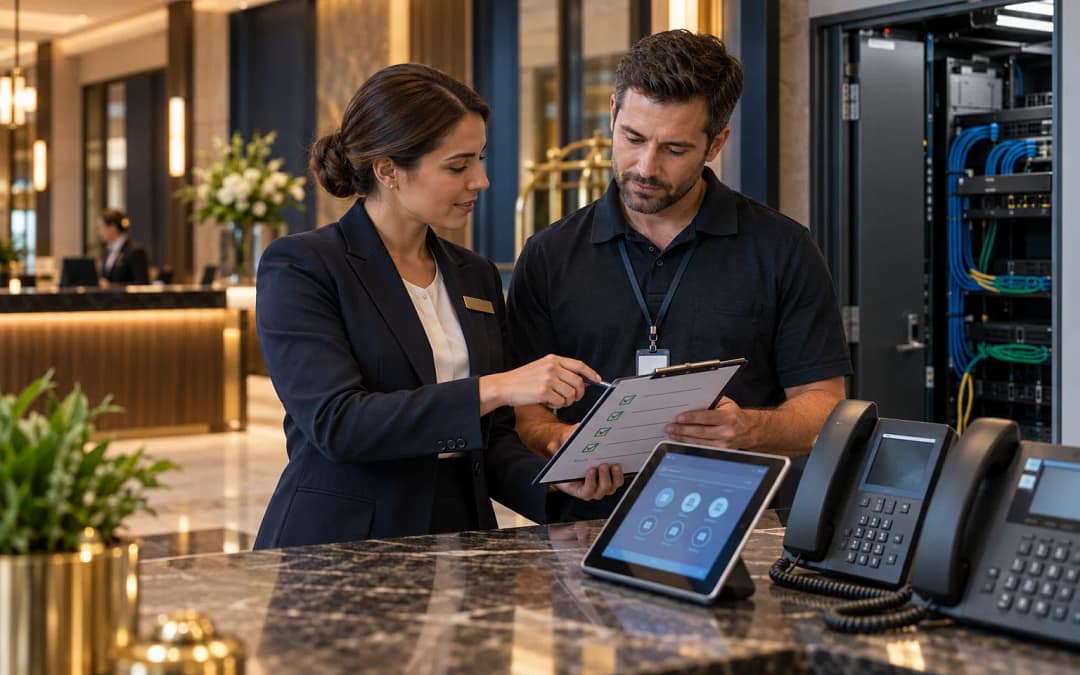 Hotel operations manager and technician reviewing a PBX phone system upgrade checklist at the front desk