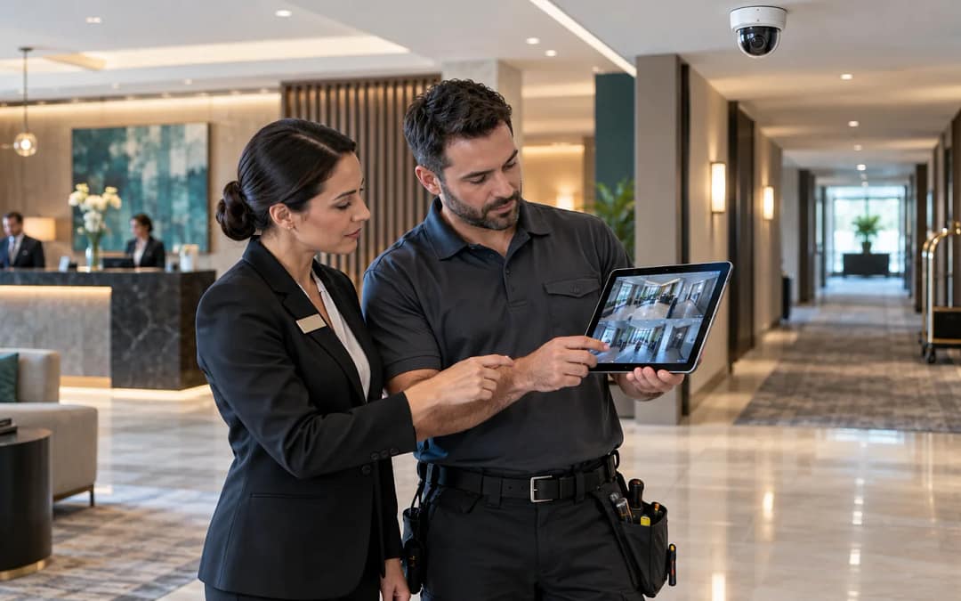 Hotel manager and technician reviewing a hotel security camera system in a lobby corridor