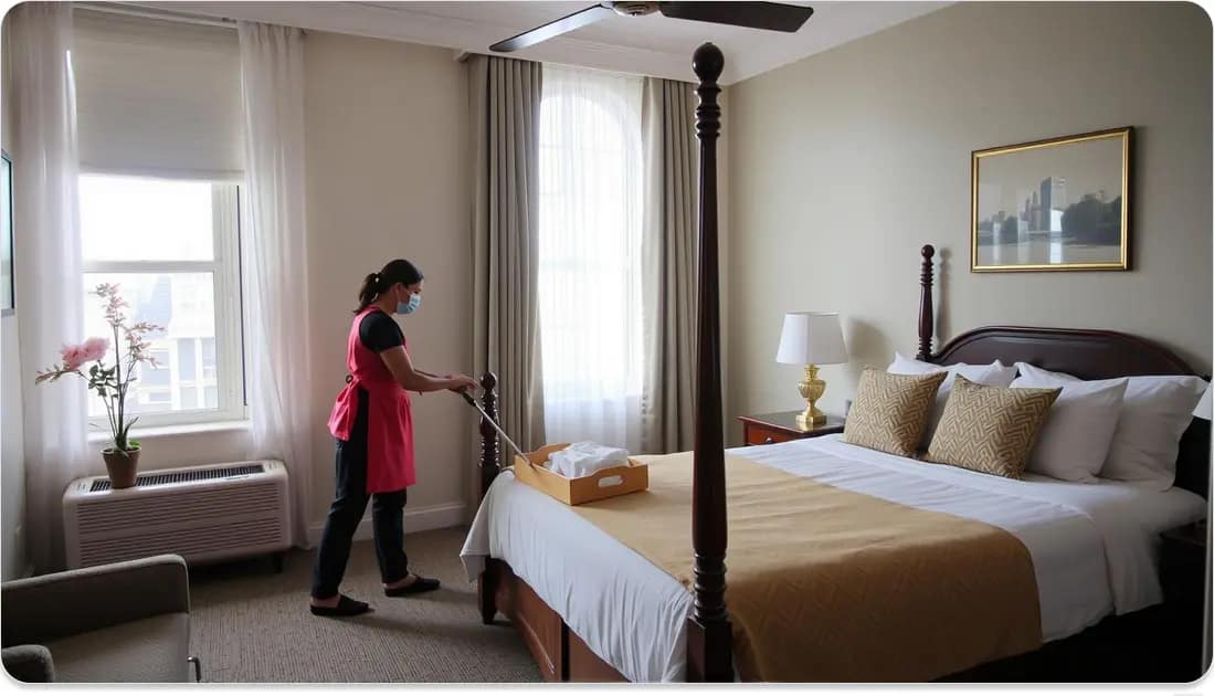 a housekeeper, working alone to tidy up guest rooms a housekeeper, working alone to tidy up guest rooms