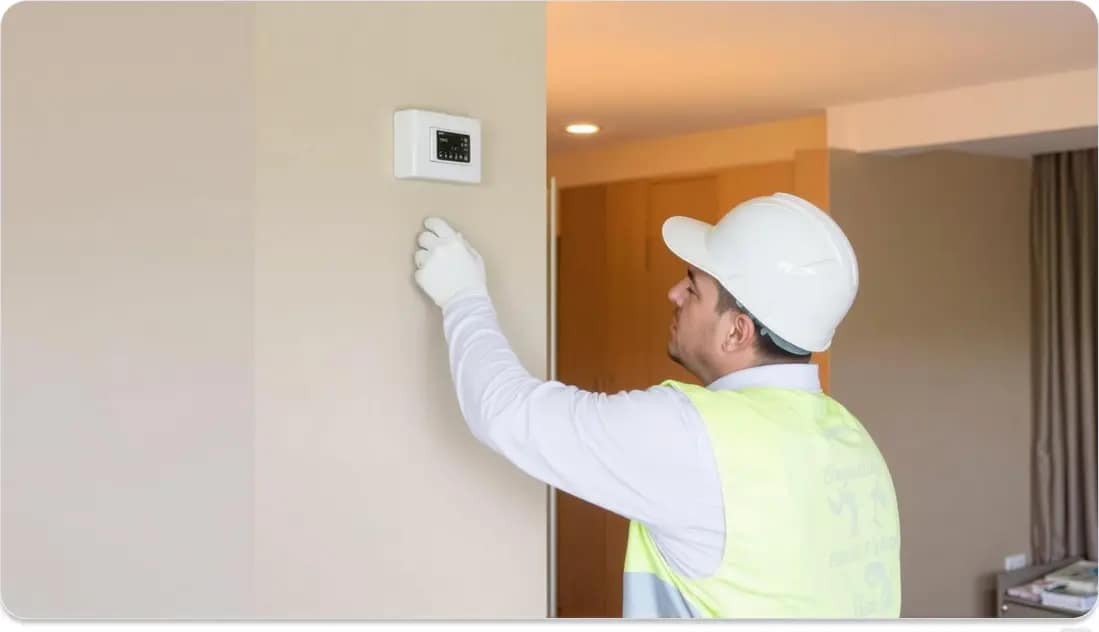 a worker is installing a fixed duress alarm in a hotel a worker is installing a fixed duress alarm in a hotel