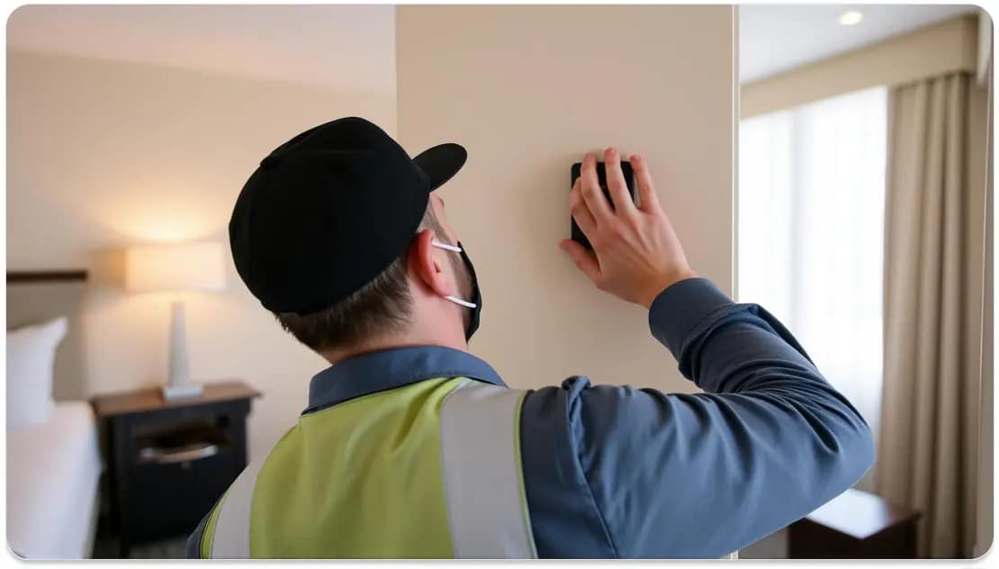 a worker installing a panic button in a hotel a worker installing a panic button in a hotel