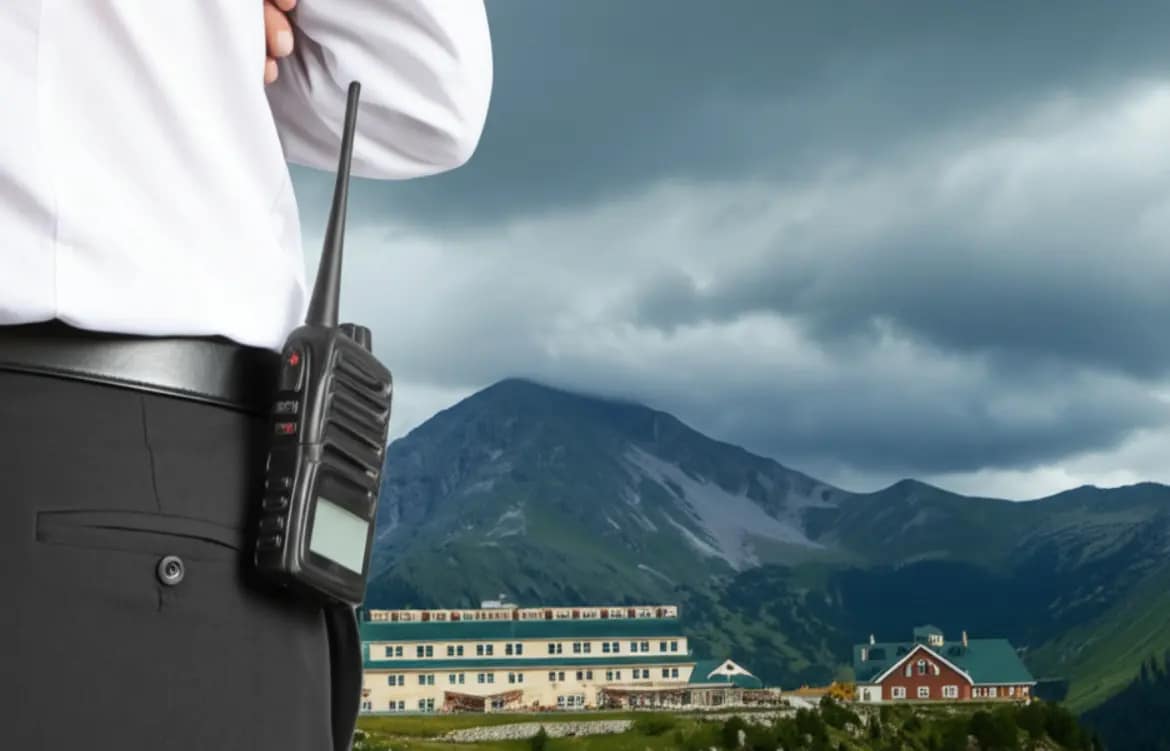 A rugged walkie talkie clipped to a hotel staff member’s belt