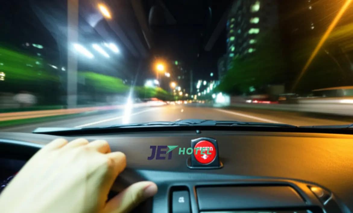 Inside a taxi’s front seat, the driver’s hand hovers near a small, red panic button mounted on the dashboard, with city lights streaking past the window.