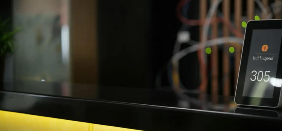 Show a modern hotel front desk with a digital screen glowing softly, highlighting a room number (e.g., 305) and a “Bell Request” notification, with subtle wiring visuals in the background fading into the hub.