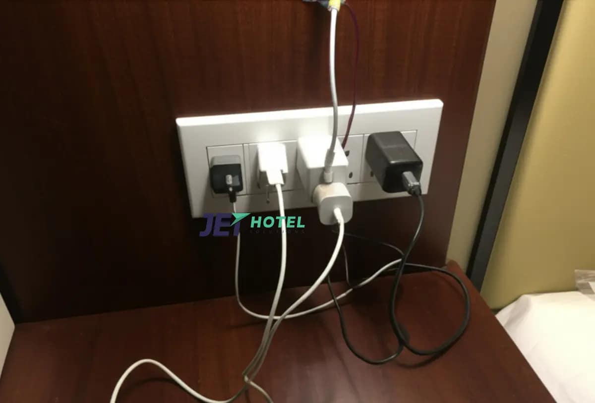 A blurry snapshot of a hotel room outlet overloaded with chargers—don’t let outdated wiring dim your guest experience. Upgrade with Jethotelsolutions.com!