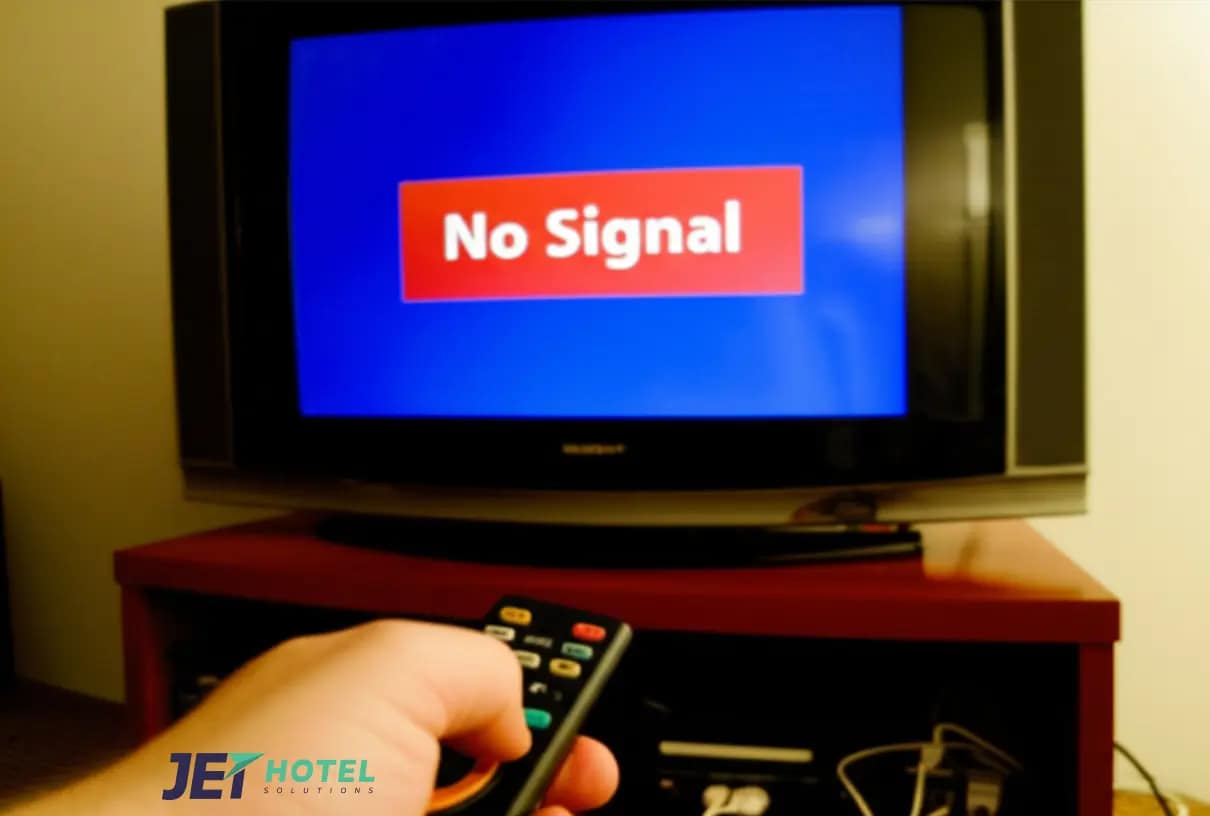 A guest’s disappointment captured in a blurry moment—don’t let “No Signal” errors ruin their stay.