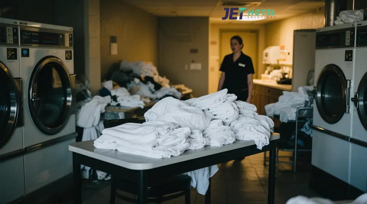 A chaotic laundry room highlights the need for JetHotelSolutions.com’s automated linen management systems