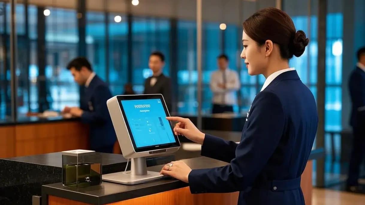 A sleek hotel lobby with a Hikvision DS-KH6320-WTE1 mounted on the reception desk, staff interacting with the touchscreen.webp