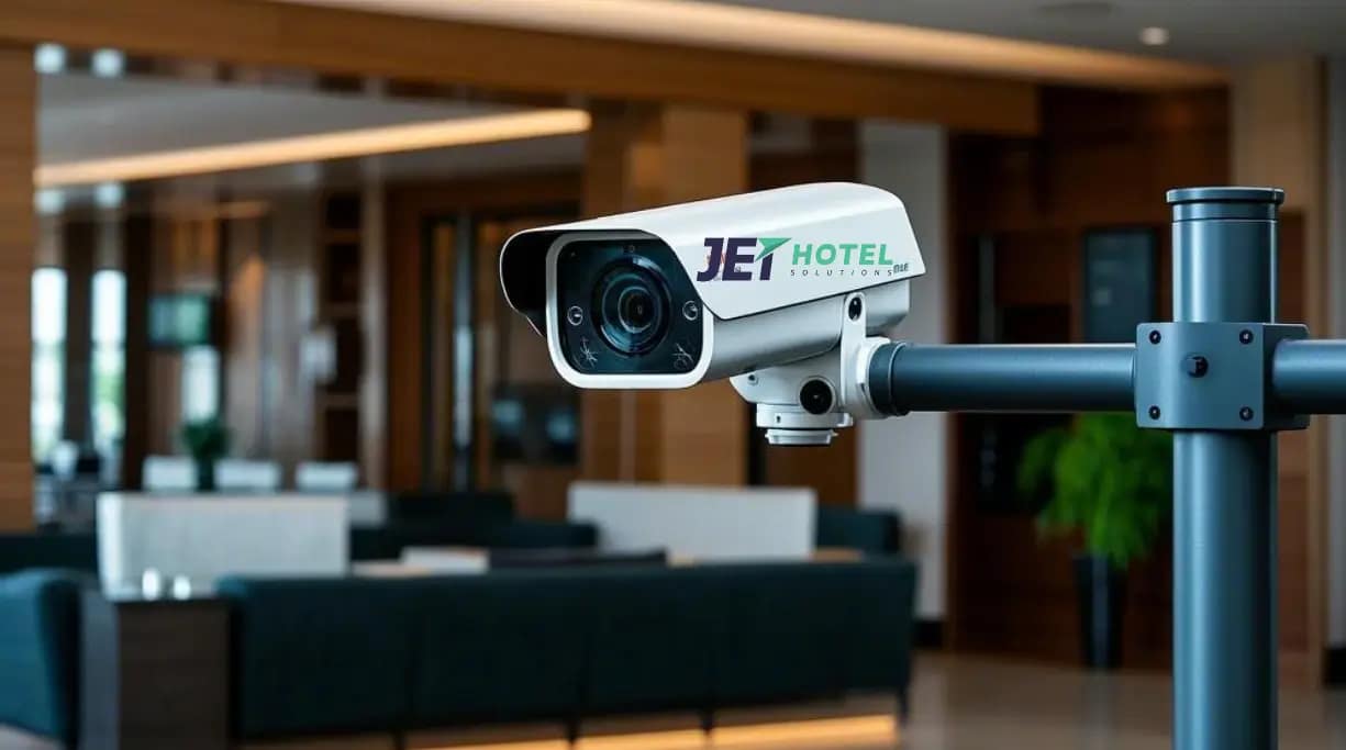 A sleek PTZ camera powered by PoE++ in a hotel lobby, showcasing modern security integration.