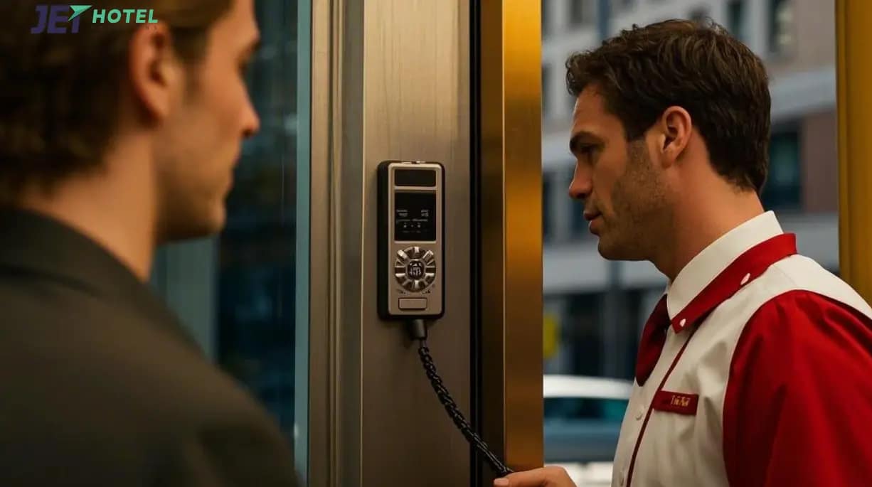 Hotel staff using a wireless intercom with a guest at the gate