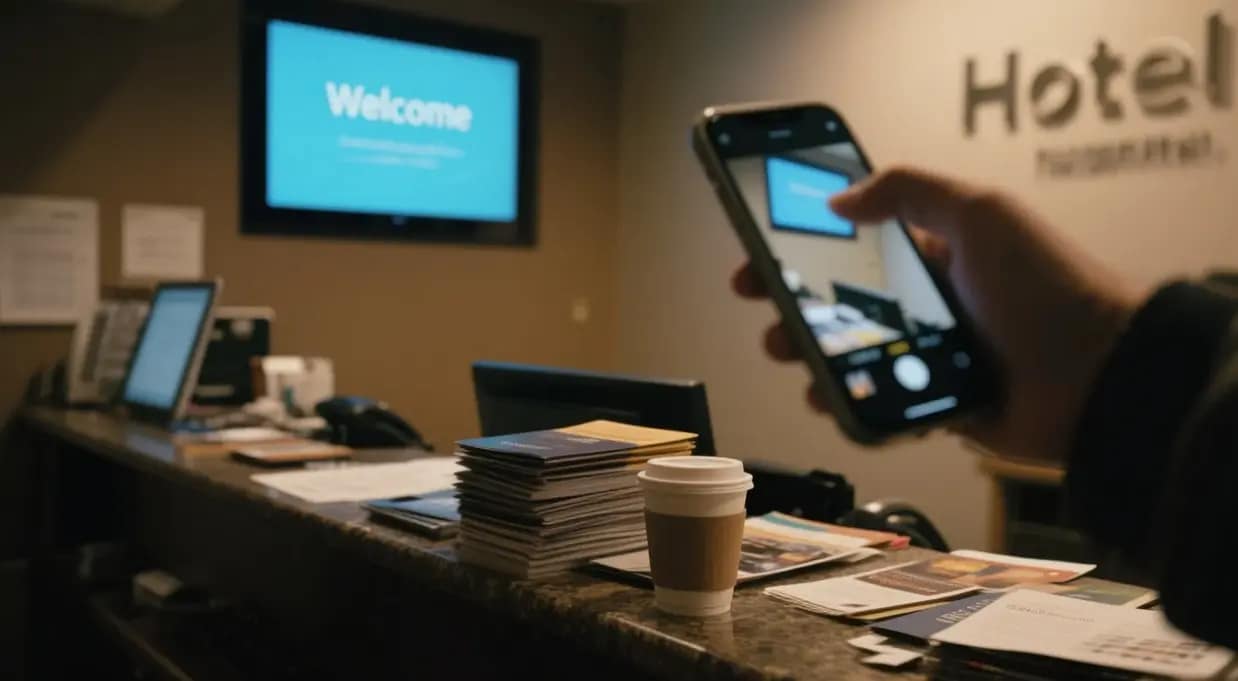 a cluttered hotel lobby counter with a digital signage screen