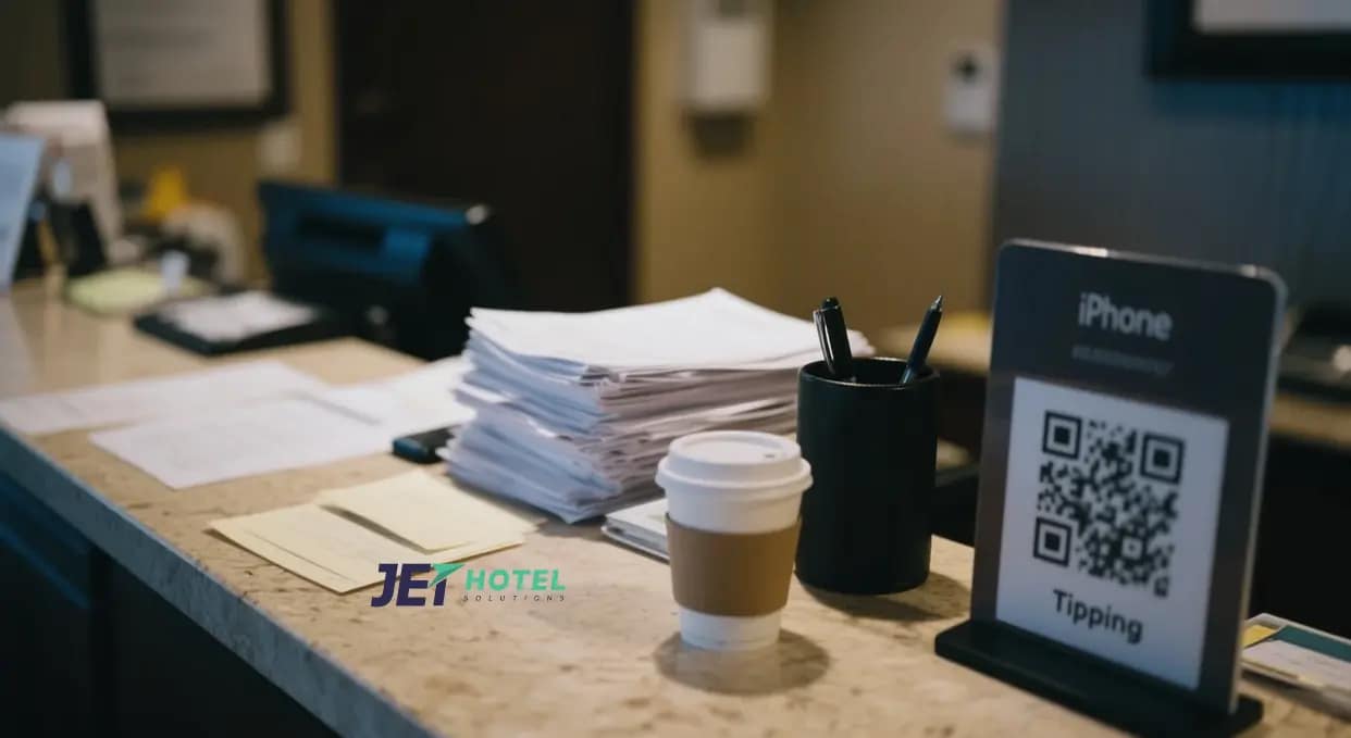 The scene shows a cluttered hotel front desk with a slightly tilted view