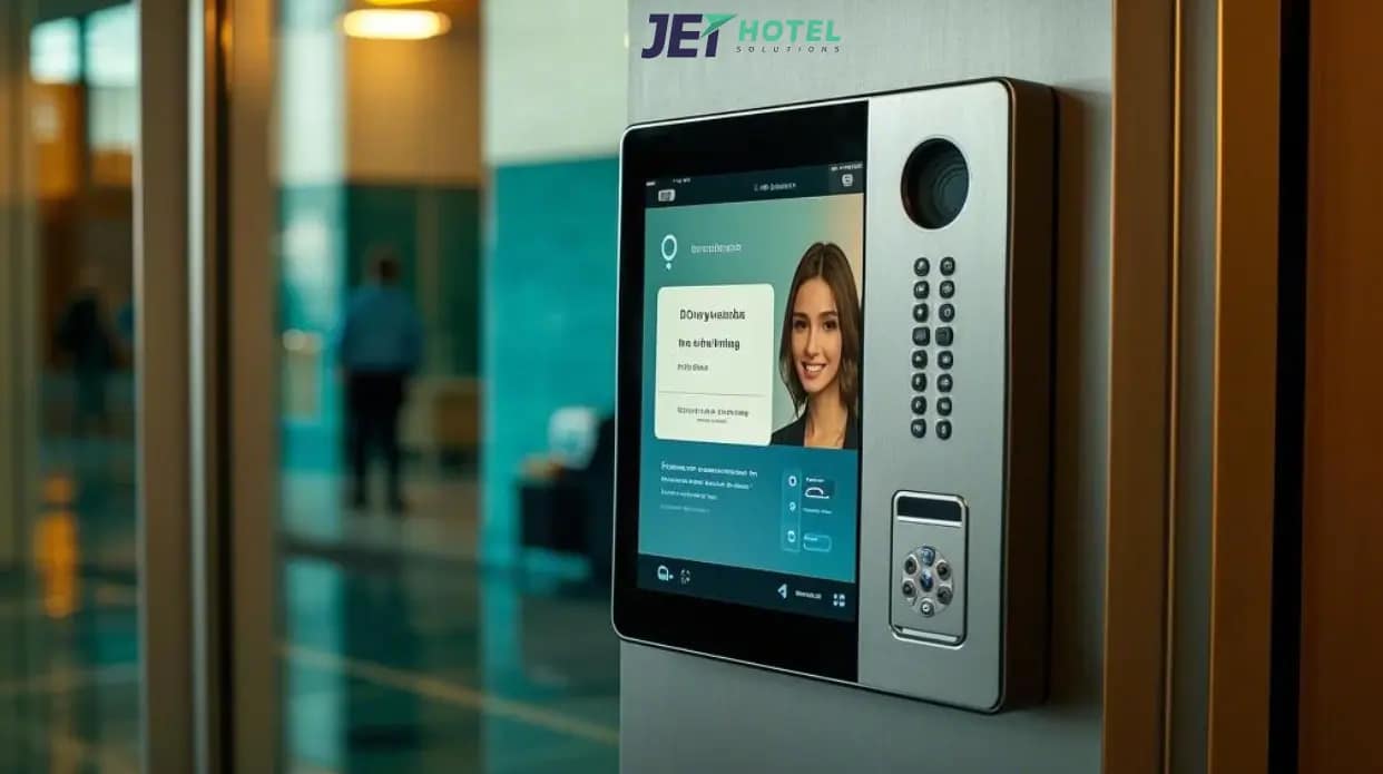 A sleek intercom mounted at a hotel entrance, displaying a guest’s face on a staff tablet