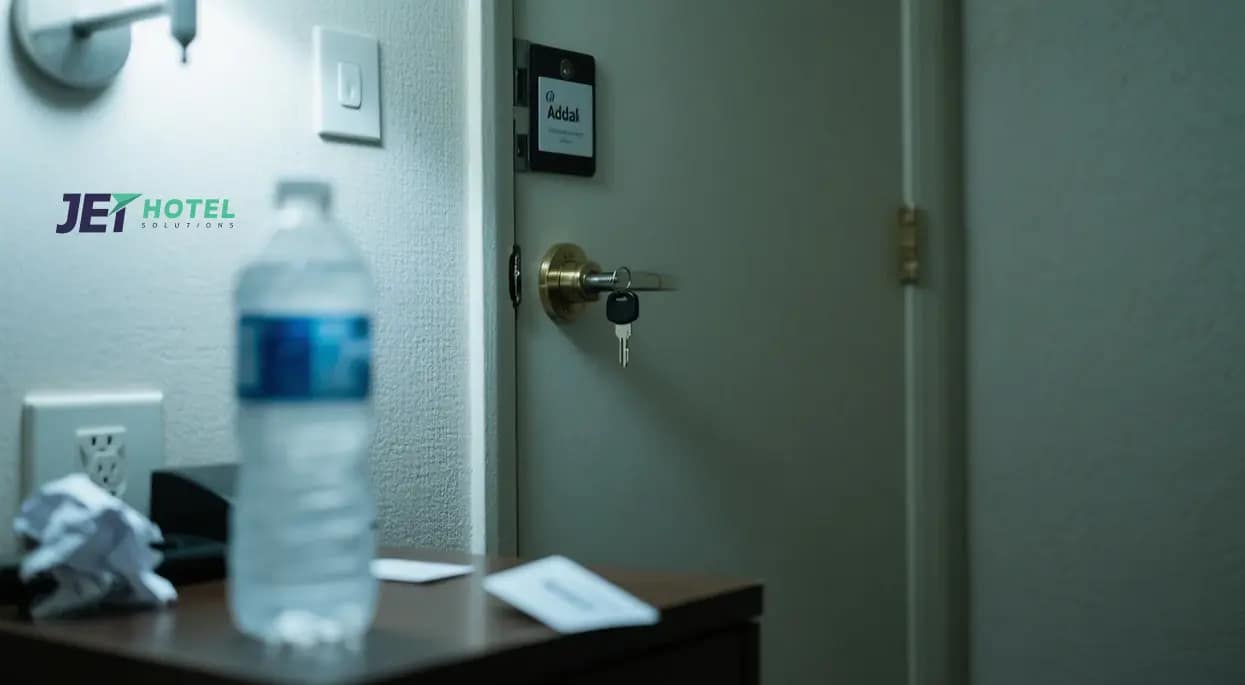 A cluttered nightstand with a half-empty water bottle and a crumpled keycard is visible in the foreground