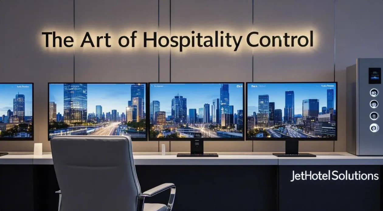 A sleek hotel control room with multiple screens showing live camera feeds, access logs, and sensor alerts—your profit’s new best friend