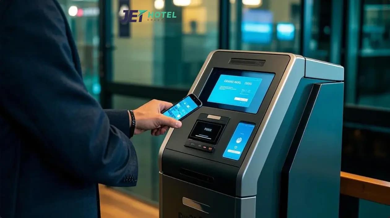 a sleek lobby kiosk with a guest tapping a mobile wallet to tip.webp