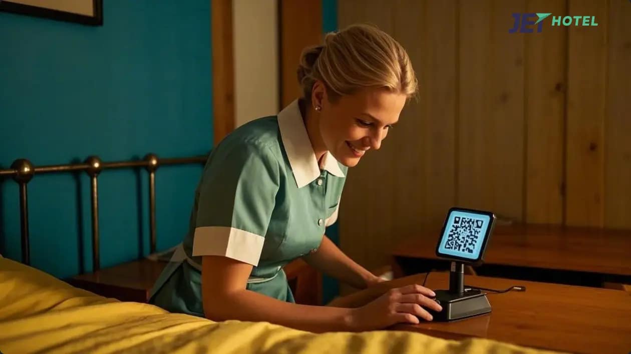 A hotel housekeeper smiling at a QR code on a bedside table.webp