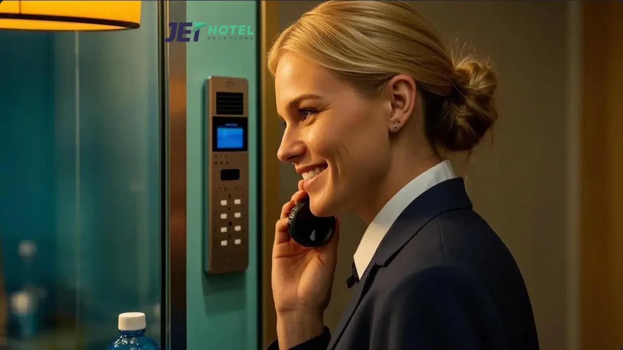 C:\Users\EDY\Desktop\images\A hotel staff member using a mobile app connected to a VoIP intercom system, smiling while assisting a guest.webp