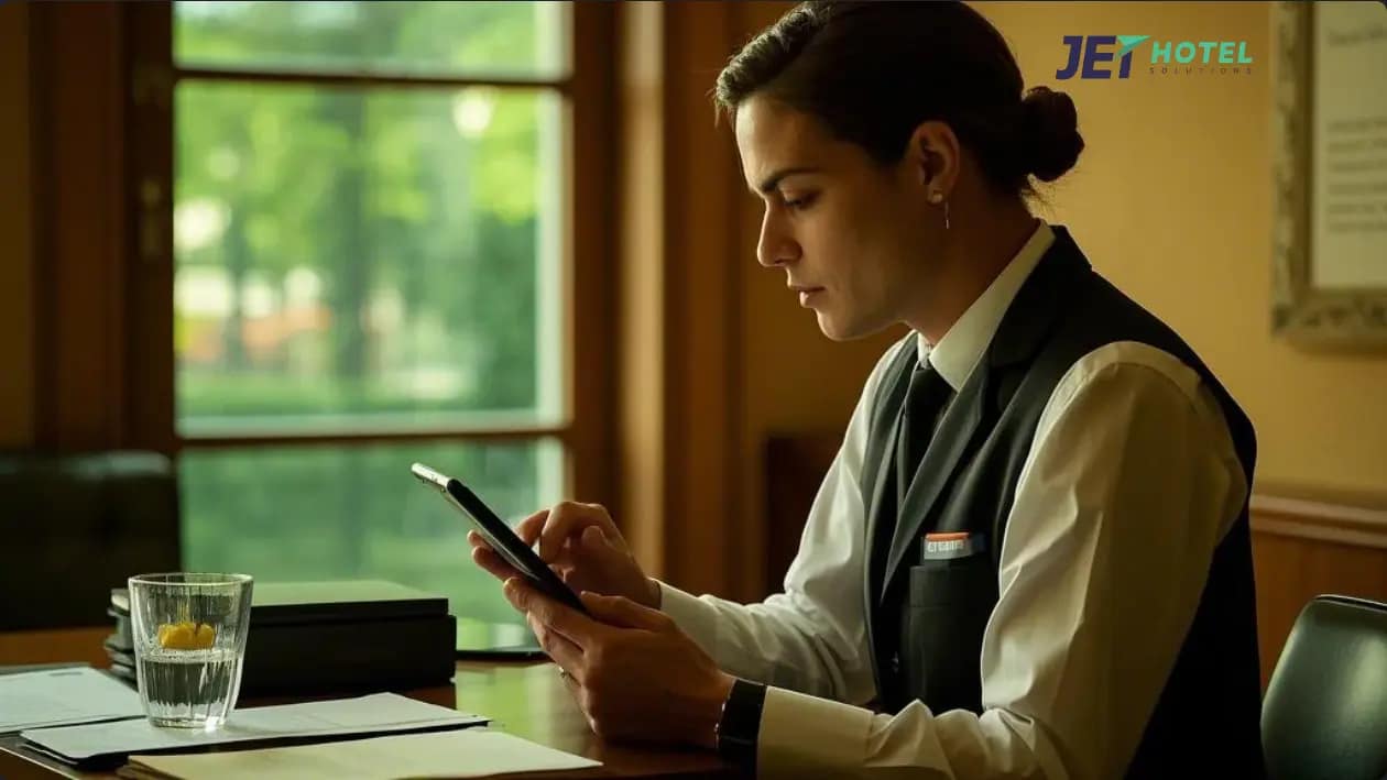 A hotel staff member using a mobile app to respond to a guest request.webp