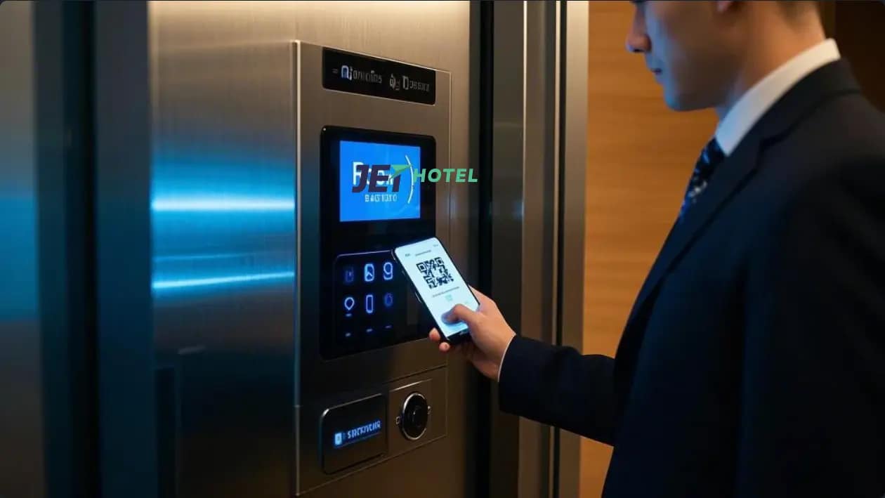 A sleek door station with a guest scanning a QR code.webp