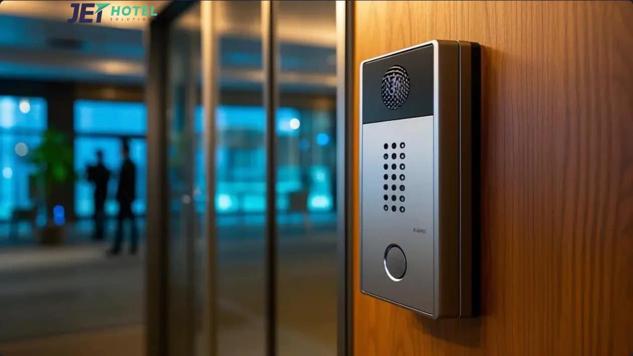 A sleek wireless intercom unit mounted in a modern hotel lobby