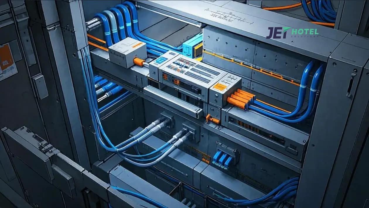 A structured cabling system diagram illustrating a converged network with CCTV, Wi-Fi, and access control connected to a central structured cabling box