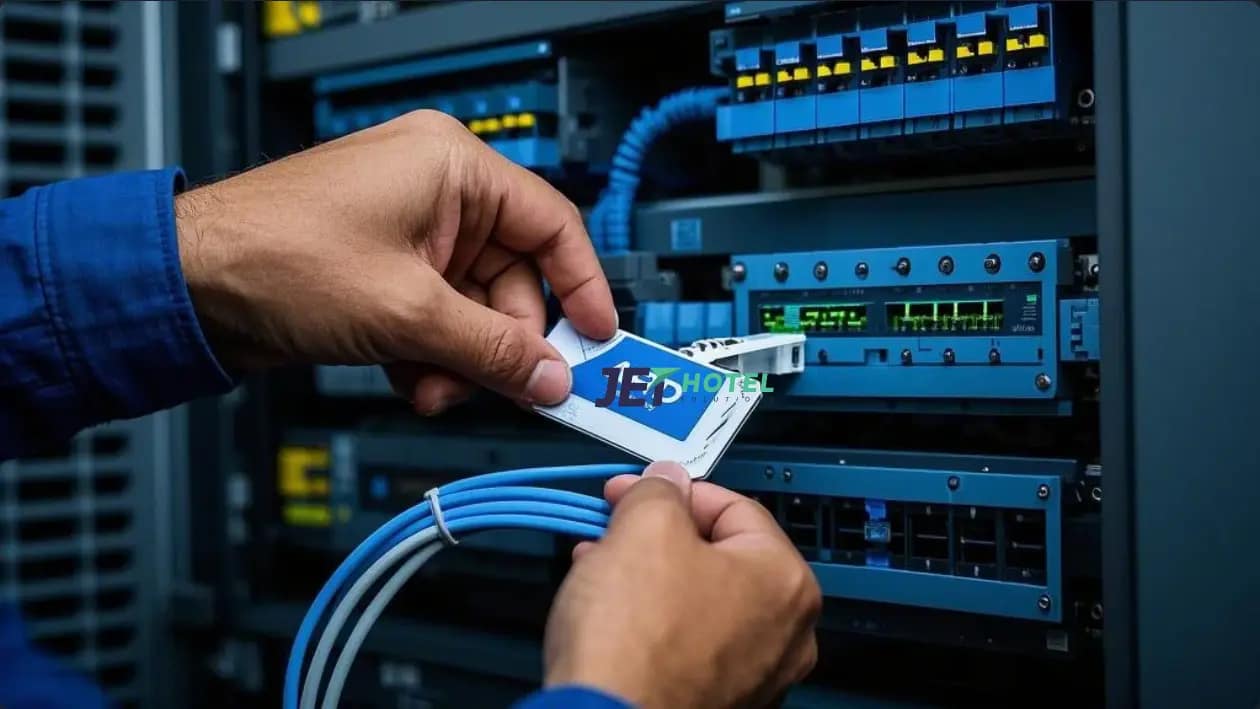 A technician installing RFID-tagged cables into a structured cabling box, showcasing smart management in action.