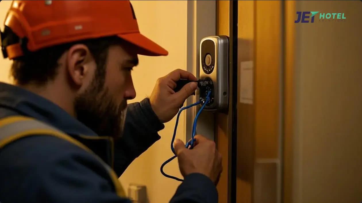 A technician installing a PoE intercom at a hotel door