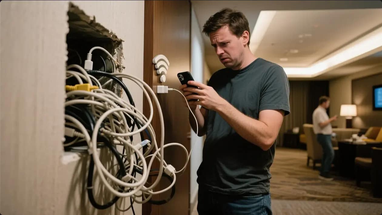 a frustrated guest trying to connect to Wi-Fi on their phone