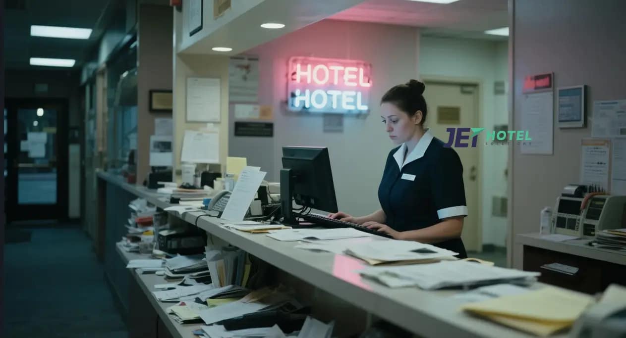 A typical hotel desk in need of JetHotelSolutions.com’s expertise to streamline operations and boost guest appeal