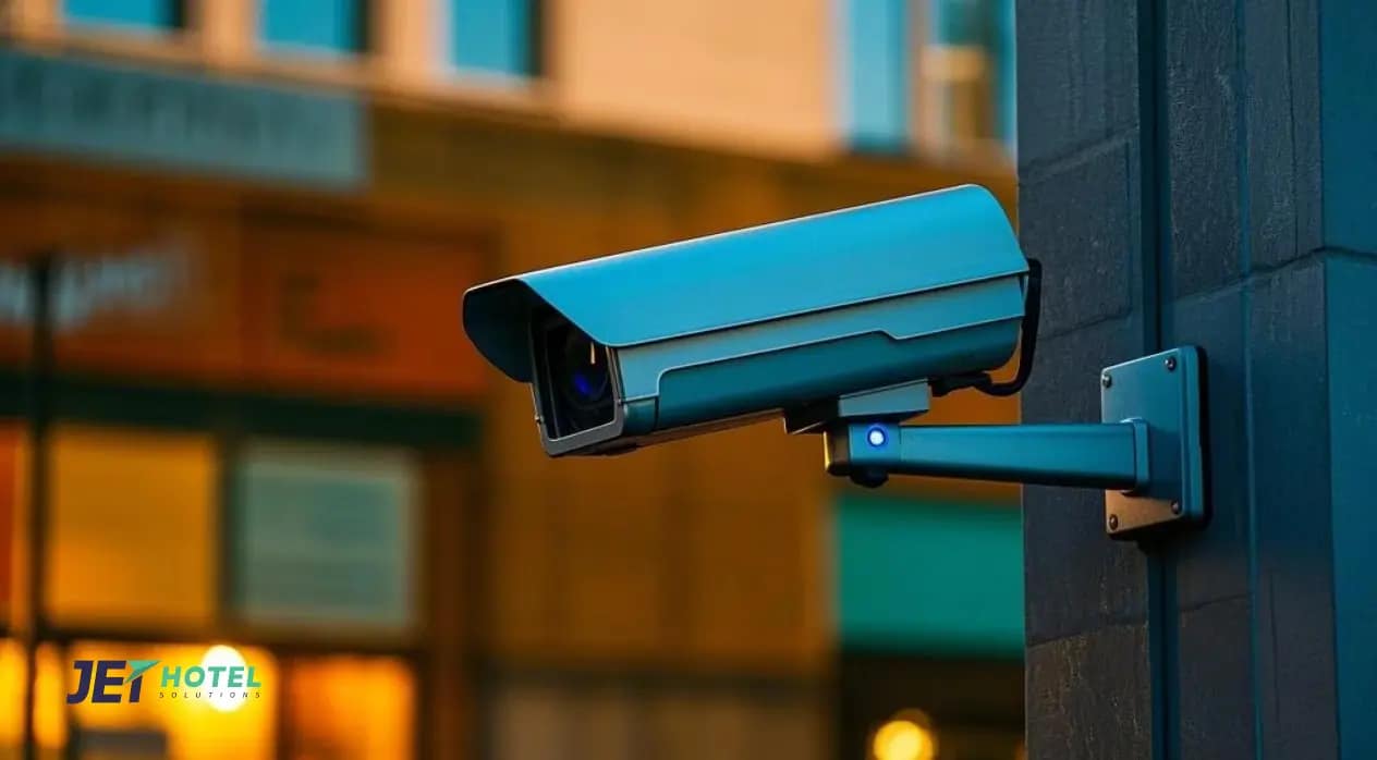 an image here showing a sleek PoE camera mounted discreetly above a hotel entrance, blending seamlessly into the architecture..webp