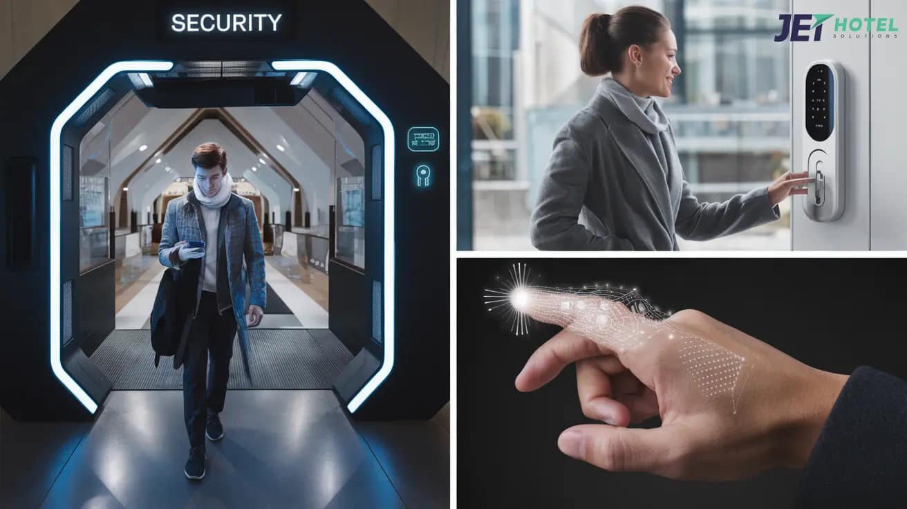 A futuristic collage showing a guest walking through a scanner, speaking to a lock, and tapping an implanted chip
