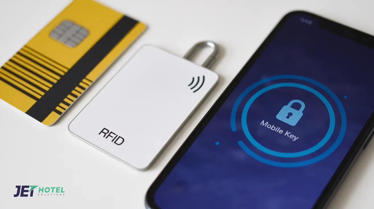A side-by-side graphic of a magnetic stripe card, an RFID card, and a smartphone displaying a mobile key.webp