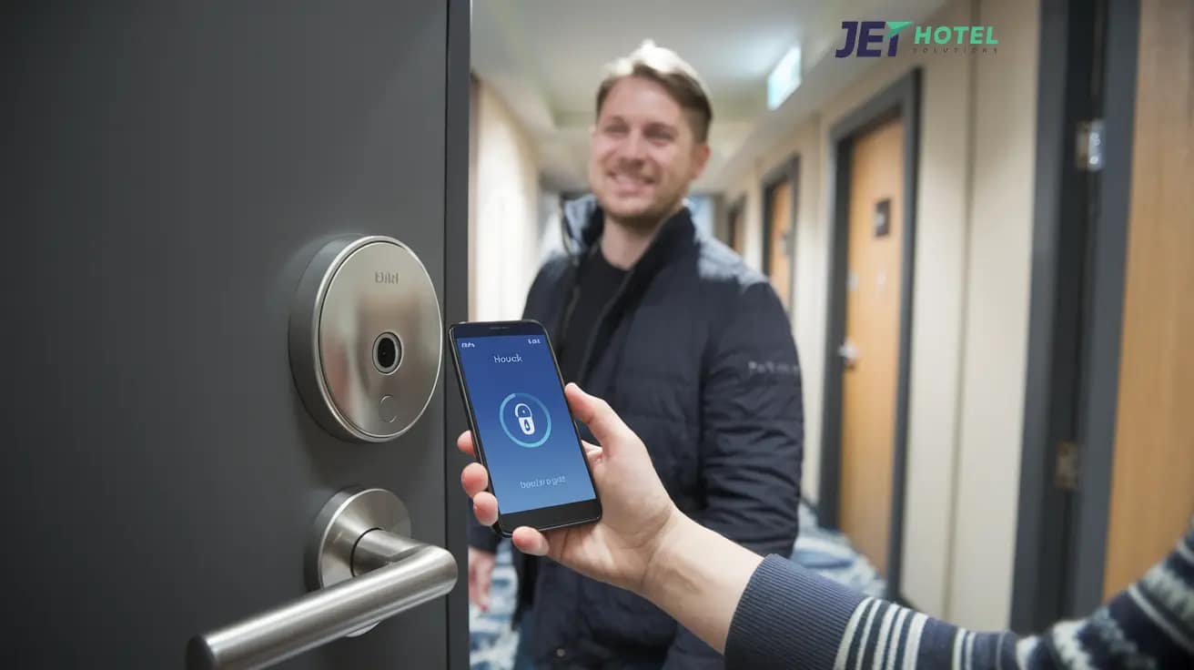 A smiling hotel guest using a smartphone to unlock their room door, with a sleek NFC-enabled lock in the foreground