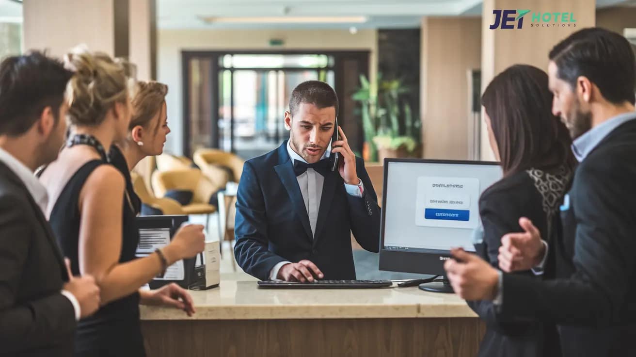 A stressed hotel manager at the front desk, surrounded by a line of impatient guests, with a computer screen displaying an error message