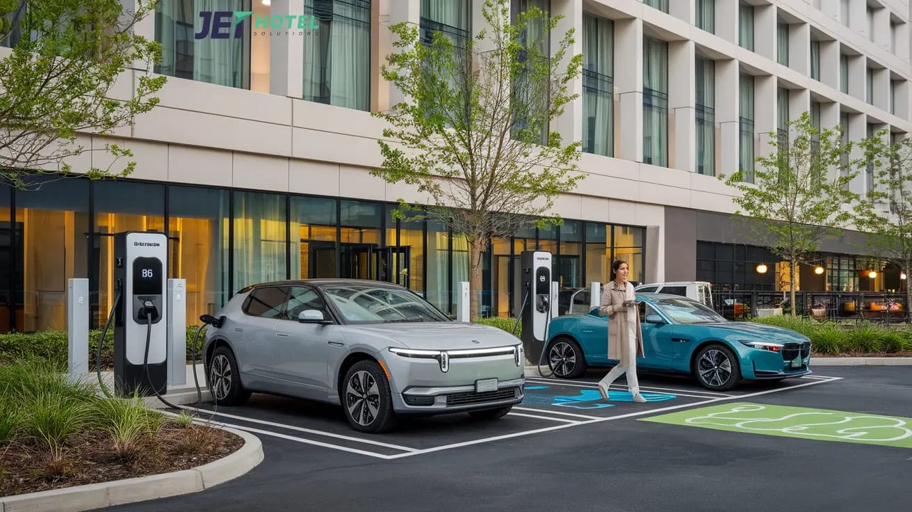 Guests plugging in at a sleek row of EV chargers outside your hotel—turning pit stops into profit