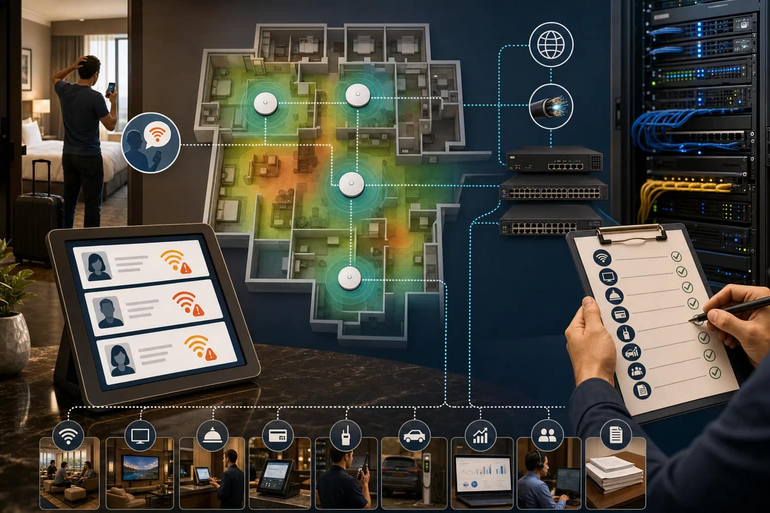 2026-W27-0701-bad-wifi-reliability-checklist-website Hotel Wi-Fi reliability diagnostic path from guest complaint to network infrastructure