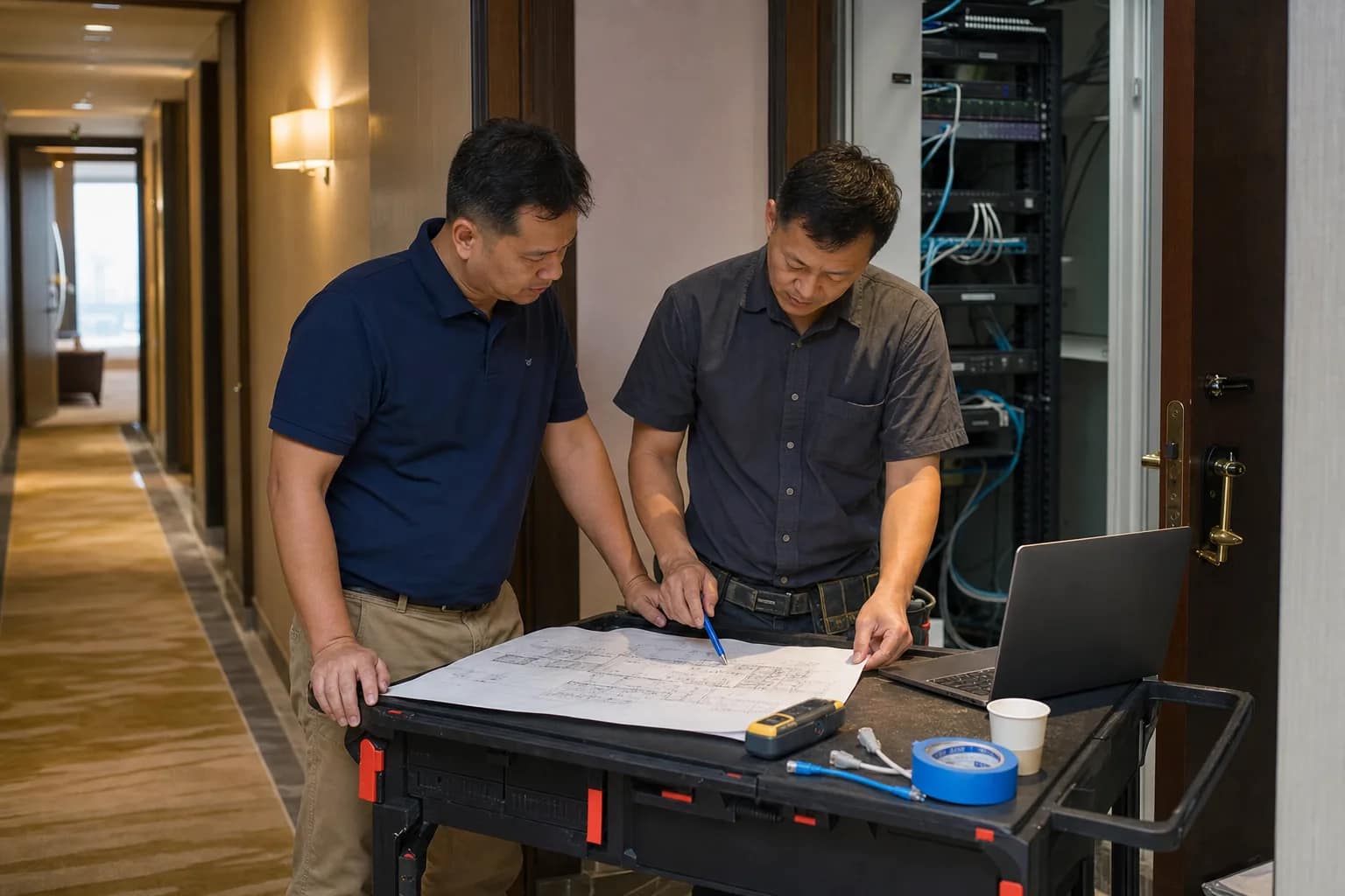 Hotel technology cutover planning in a guest corridor Hotel engineering manager and low-voltage technician reviewing a cutover plan in a hotel corridor