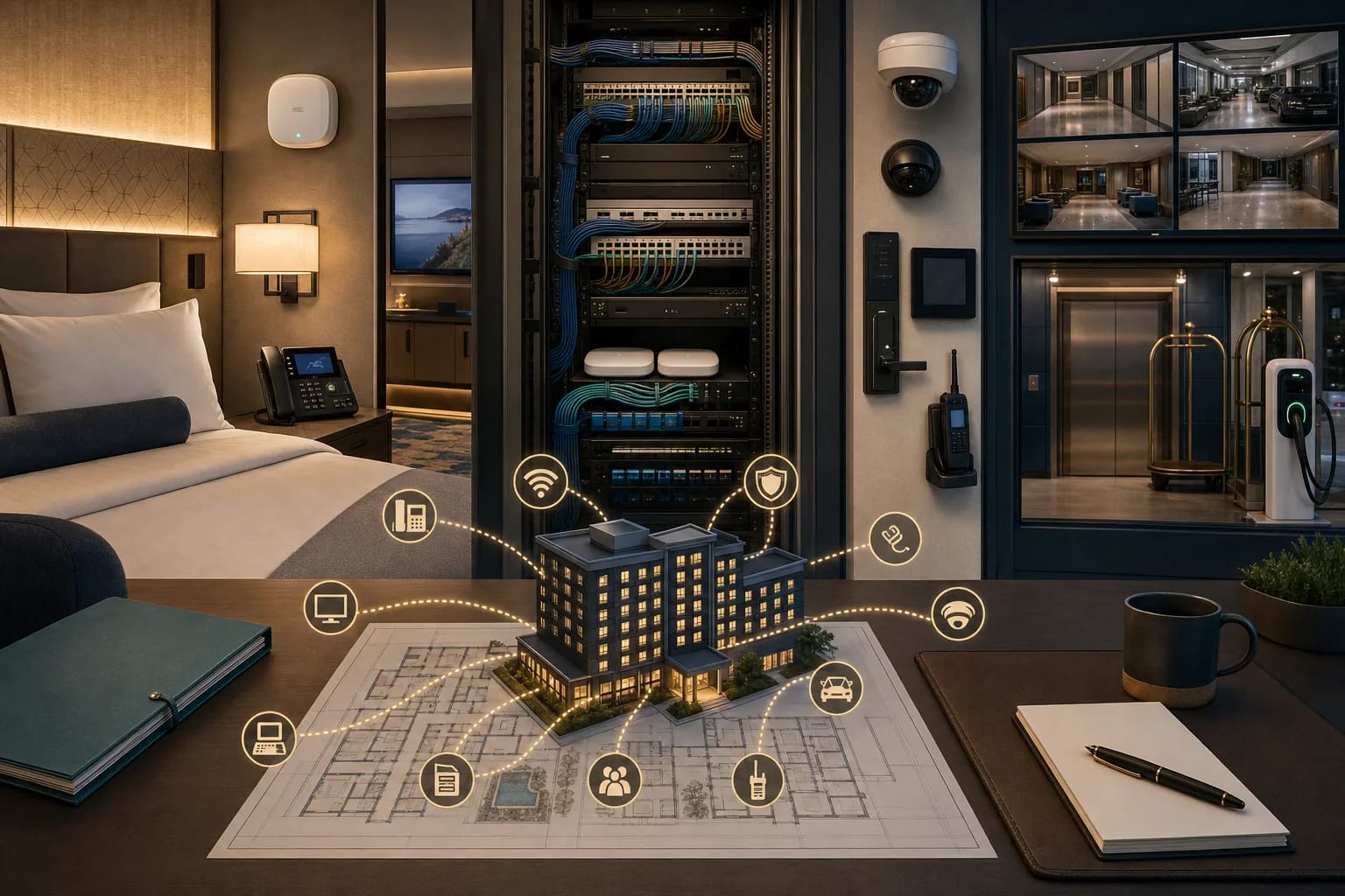 2026-w31-0730-support-owner-website-website Hotel technology support owner reviewing the network, phones, Wi-Fi, security, and cabling handoff before opening week.