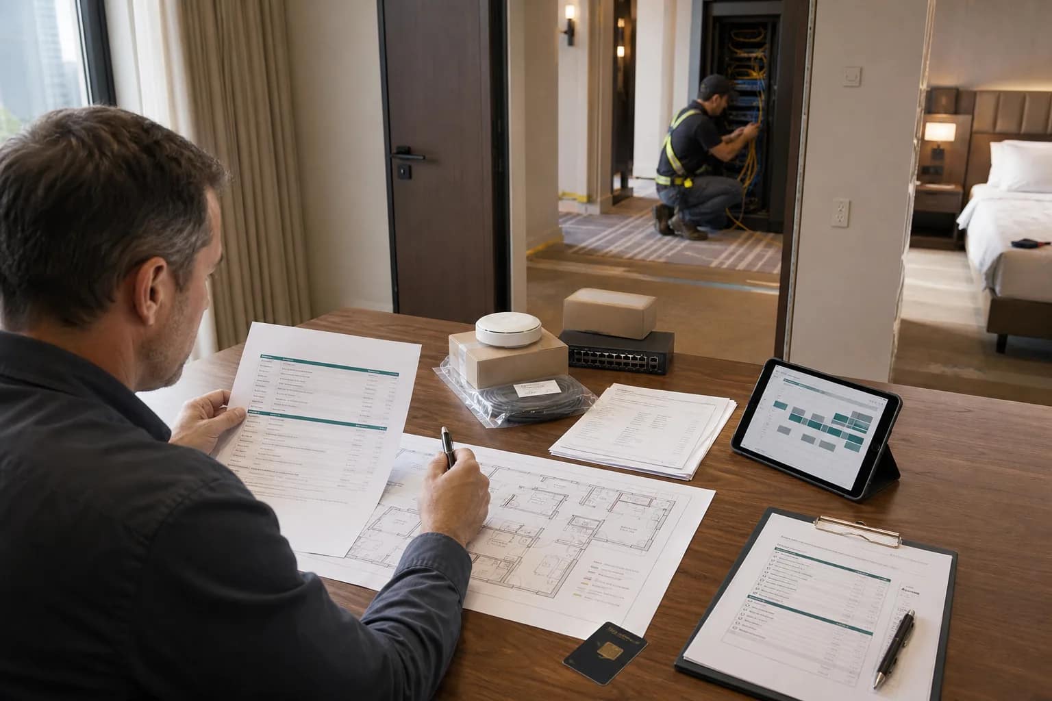 2026-W33-0811-hotel-technology-payment-schedule-website Hotel owner reviewing a milestone-based technology payment schedule
