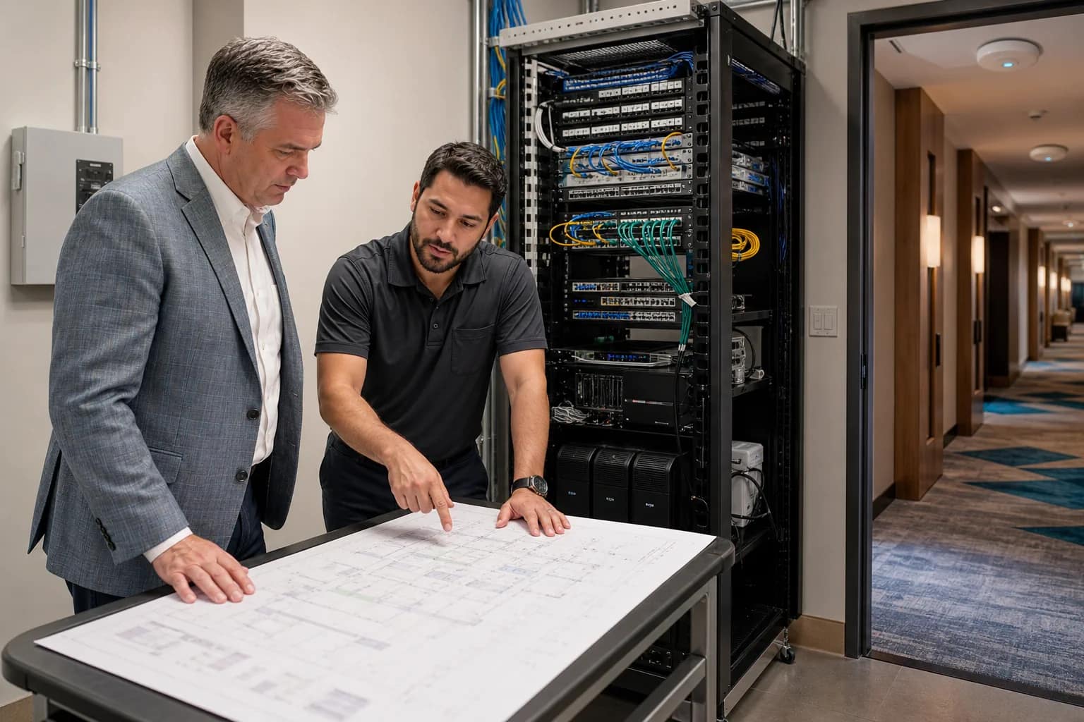 2026-W34-0817-hotel-network-infrastructure-website Hotel owner and network engineer reviewing a layered hotel network infrastructure plan beside an MDF rack.