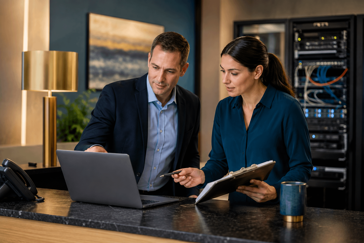 2026-W37-0907-hotel-technology-escalation-directory Hotel manager and technology coordinator reviewing a technology escalation directory near a network rack