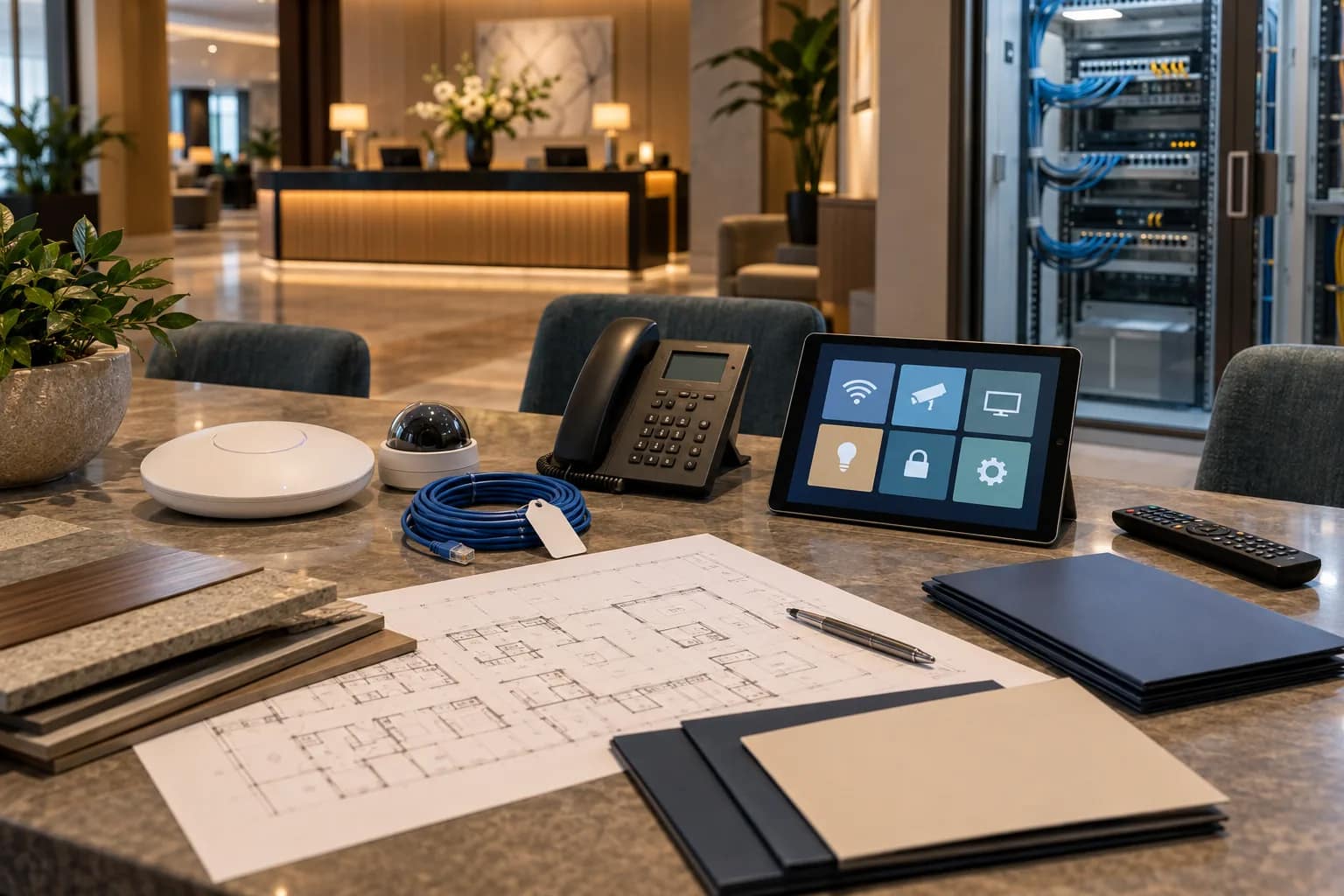 2026-W38-0914-hotel-technology-consultant Hotel technology consultant checklist with hotel systems, floor plan, and network infrastructure on an owner review table