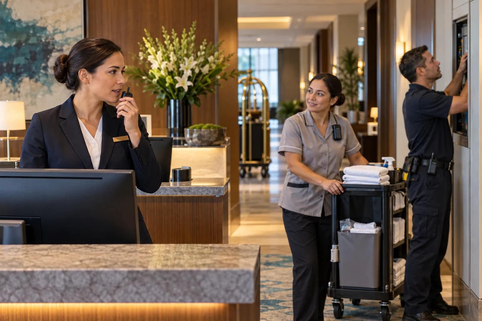 2026-W38-0918-hotel-staff-communication-system Hotel front desk supervisor, housekeeper, and engineering technician coordinating with staff communication devices