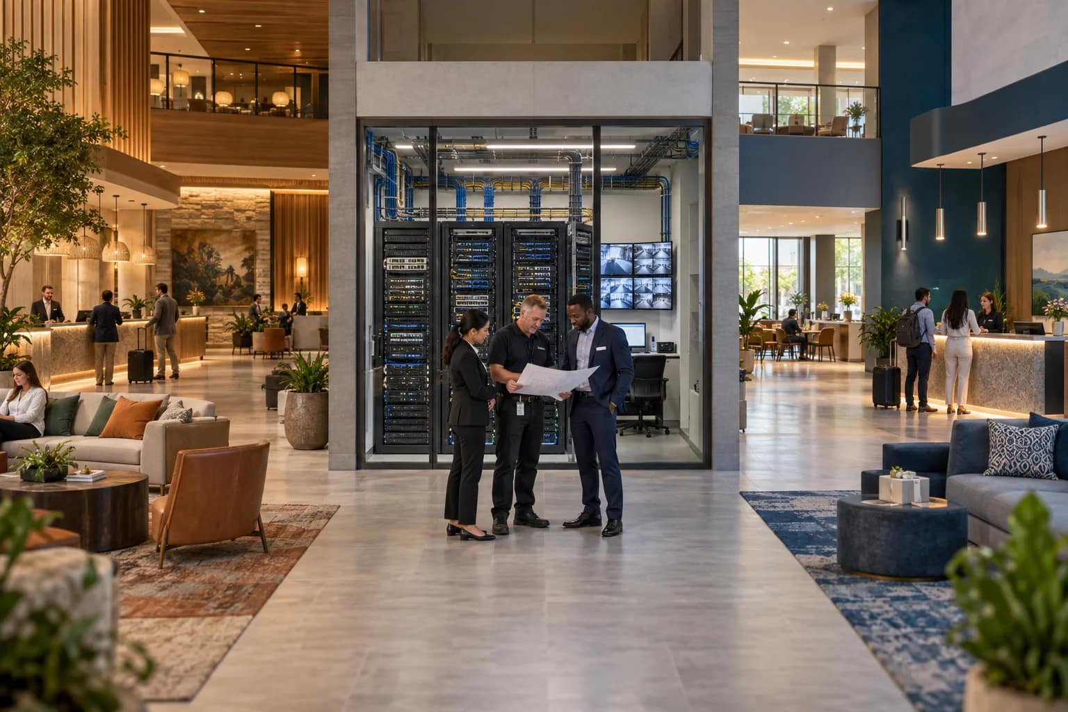 2026-W38-0920-dual-brand-hotels-technology Two distinct hotel lobby experiences connected by one shared back-of-house technology and network core