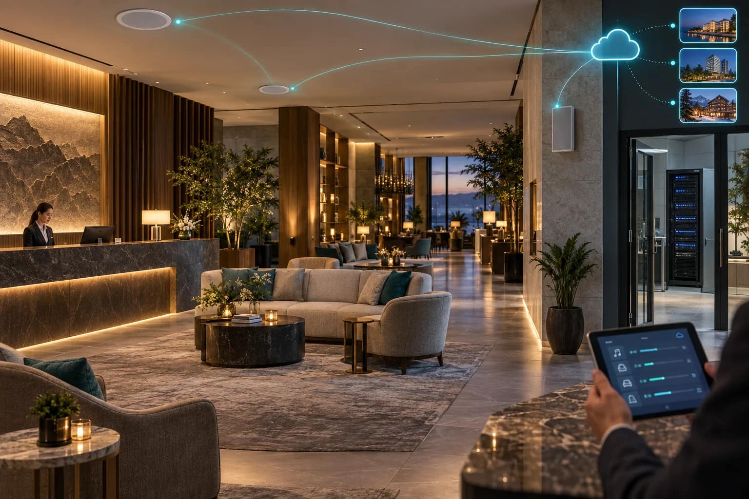 2026-W39-0921-commercial-audio-system-cloud Cloud-managed commercial audio system connecting hotel lobby speakers and multiple properties through one network platform