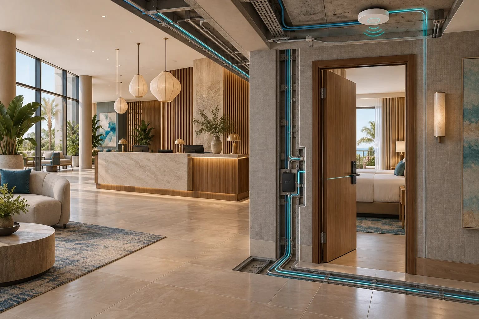 hotel-brand-conversion-feature Concept illustration of a hotel lobby and guestroom doorway connected by underlying technology infrastructure
