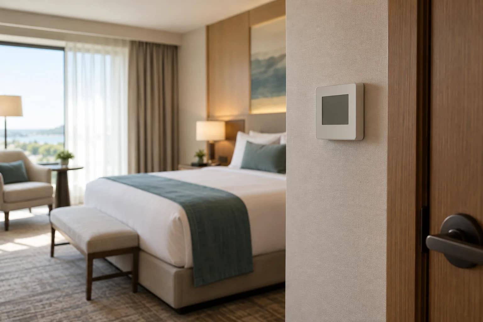 hotel-energy-management Illustrative hotel guestroom with a wall-mounted thermostat beside the door