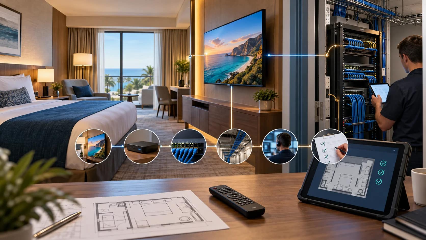 2026-W38-0916-hotel-iptv-system Hotel IPTV system checklist showing guest room TV, network rack, floor plan, and room acceptance testing
